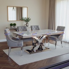 180cm Milan Light Grey Marble Dining Table and 4 Lion Knocker Velvet Chairs set