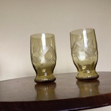 Antique Victorian/ Edwardian Lemonade Glasses Green Hand Etched  c1910 x 2