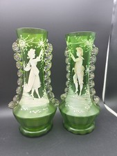 Lovely Pair Of Antique Victorian Bohemian Green Glass Mary Gregory Vases 10"