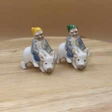 Vintage Wade Whimsie Leprechaun Riding A Pig c 1950 X2 Yellow And Green Hat