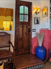 Rustic reclaimed lumber square top story book door solid wood glass panes trim