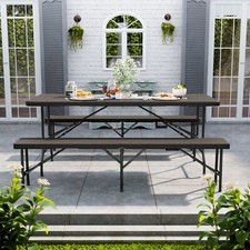 Rattan Folding Beer Table and Bench Set Outdoor Picnic Dining Party Trestle Desk