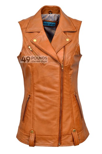 Ladies leather waistcoat tan - ladies,