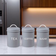 Set of 3 Canister Tea Coffee Sugar Set with Handle Kitchen Containers Tins