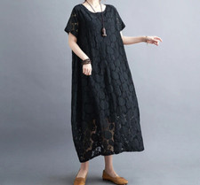 Ladies Black  cotton  Arty Italian  boho  Floaty Comfy Casual  Lace  dress  10