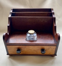 ANTIQUE  ENGLISH WOODEN STATIONARY LETTER BOX RACK & INKWELL STAND PAD FEET