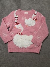 Girls George Festive Fun Pink Christmas Jumper Age 2-3 Flamingo/Swan Snowflakes