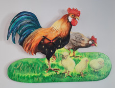 Folk Art Hand Painted Wall Clock Retro Big Cock Cockrell Hen & Chickens Chicks
