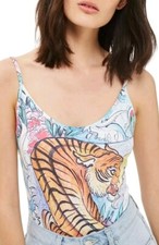 Topshop Bodysuit Women Size 12 Tiger Print Asian Inspired Strappy Colorful NEW