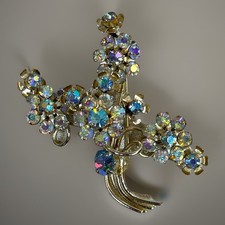 Vintage 50s Flower Spray Brooch AB Glass Rhinestone Silver Tone Bouquet Shimmer