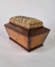 Small Antique Pin Cushion Box Sarcophagus Wooden Walnut Sewing Trinkets Storage