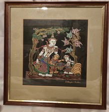 A Thai Print On Material Of An Embroidered Silk Picture of the Ramakien Tale