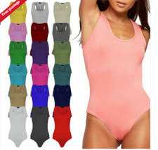 Women's Ladies Racer Back Sleeveless Muscle Stretch Vest Top Leotard Bodysuit 