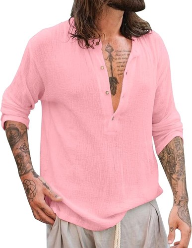 Men pink linen shirt grandad - pink,