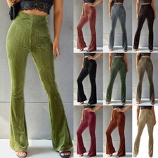 Womens RIBBED Velvet Trousers Slim Flared Pants Casual High Waisted Bottoms SIZE