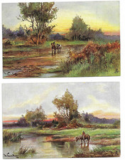 2 Tuck's Artist Drawn Postcards WILTSHIRE - Rural Life Horses River Trees