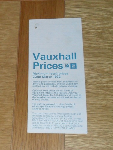 Vauxhall price guide 1972 - vauxhall,