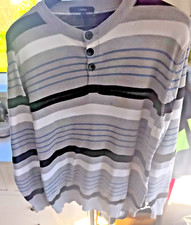MENS Long Sleeve Cotton Stripe Jumper Top Mock Tee Shirt Neck Size Medium Grey