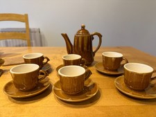Vintage coffee espresso set 6 cups saucers 1 pot Stoneware Brown glaze pottery 