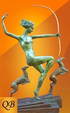ART DECO BRONZE FIGURINE DIANA AND FAWNS SCULPTURE STATUE LADY NUDE NAKED FIGURE