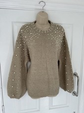 Prettylittlething Brown Pearl Drop Detailed Long Sleeve Knitted Jumper size S