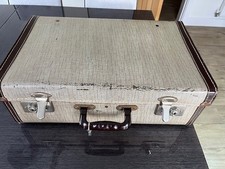Vintage 1950s Small Beige & Brown Trim Suitcase with Key