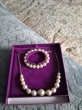 Buckingham Faux Pearl Necklace/Bracelet Silver Tone Costume Jewellery