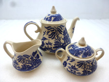 English Ironstone Vintage Blue & White Old Willow Pattern 3 Piece Tea Set