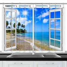 3D Beach Kitchen Curtains 2 Panels Set fit Blind Decor Cafe Door with Hooks