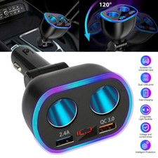 DC 12V LED 2 Way Car Cigarette Lighter Socket Splitter Dual USB Charger Adapter