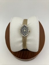 Vtg Precision by Gruen Ladies 15mm Watch Gold Tone Diamond Bezel Black Dial-RUNS