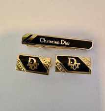 ?Christian Dior Gold & Black Cufflinks & Tie Clip Set In Silver Box–Luxury Gift
