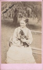 CDV LADY SAT ON GARDEN BENCH WITH PET DOG VICTORIAN ANIMAL PHOTO #D4583
