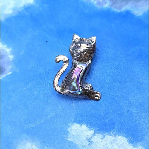 Taxco cat brooch pin abalone - cat,