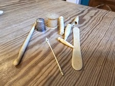 Antique Victorian bone sew kit - crochet hook, knitting needle protective ends