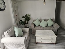 EKTORP2-seat sofa + Armchair beige with extra teal covers