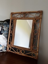 Vintage Retro 70s Boho Bamboo Wicker Wall Mirror Bohemian Scroll Design • 