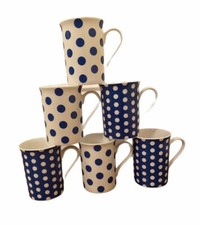 6 Blue Dots Mugs Set Fine Bone China Polka Dots Blue White Spot Coffee Tea Mugs