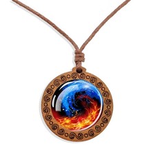 Yin Yang Boho Fire Water Wooden Necklace Mens Womens Ethnic Spiritual Jewellery