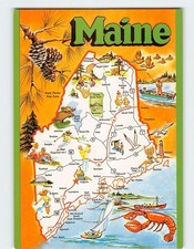 Postcard Map & Attractions Maine USA