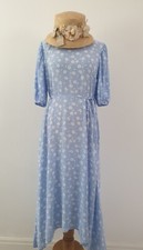 Vintage 1920s 30s Style Blue White Daisy Floral Maxi Hanky Hem Dress UK Size 10 