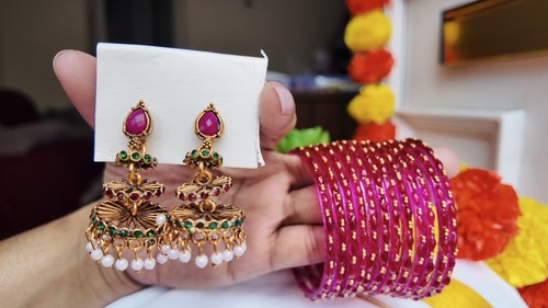 Traditional pink bead jhumka - traditional,