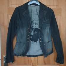Vintage Oxbow Black Denim Printed Buttoned Jacket & Pockets, Size 8