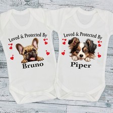 Loved & Protected By Dog Breeds New Baby Vest Bodysuit Grow Sleepsuit
