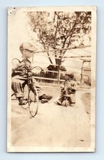 Old Vintage Photo PAIR OF BOYS RIDING TRICYCLE TOY HORSE ANTIQUE SNAPSHOT
