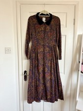 Vintage Laura Ashley Floral Velvet Collar Wool Blend Long Shirt Dress Size 12
