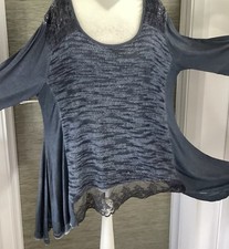 LAGENLOOK Long Tunic 2XL Sequin Lace NAVY Oversize Long Top Asymmetric 2XL 50in