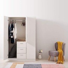 White 3 Door Wardrobe with 3 Drawers Solid Pine Wood Bedroom Storage