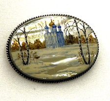 Vintage Hand Painted Russian Winter Scene Mother of Pearl Brooch (FP113J)