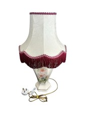 Vintage Floral Table Lamp With Shade Fringe Tassel Trim Cream Pink Green